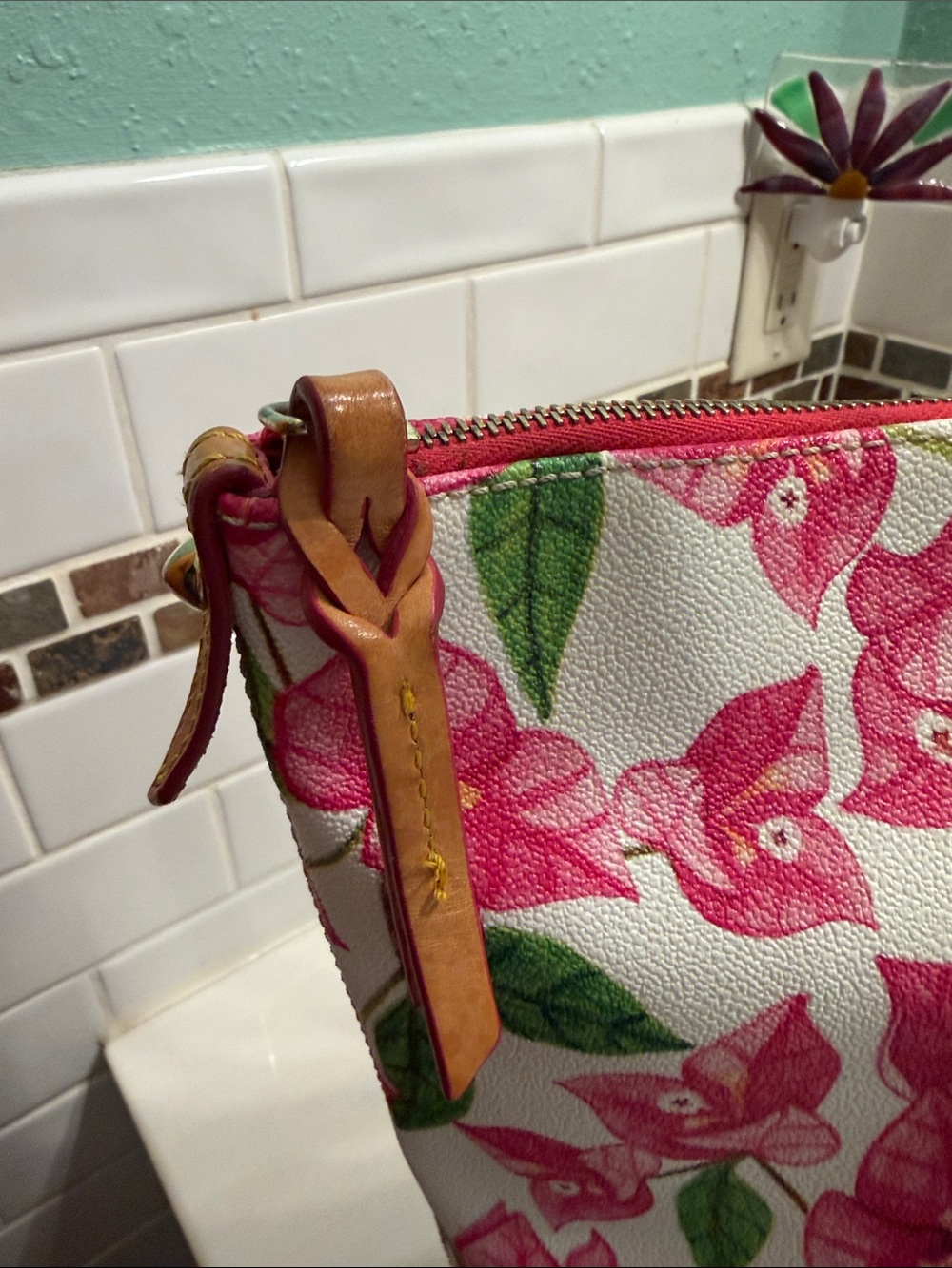 Dooney & Bourke Pink Floral LeatherTote with Tan Straps - Picture 4 of 12